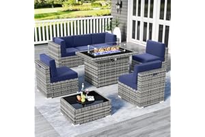 LayinSun 8 Piece Patio Furniture Set with 44" Propane Gas Fire Pit Table, Outdoor Sectional Conversation Set Wicker Rattan Sofa Set with Coffee Table