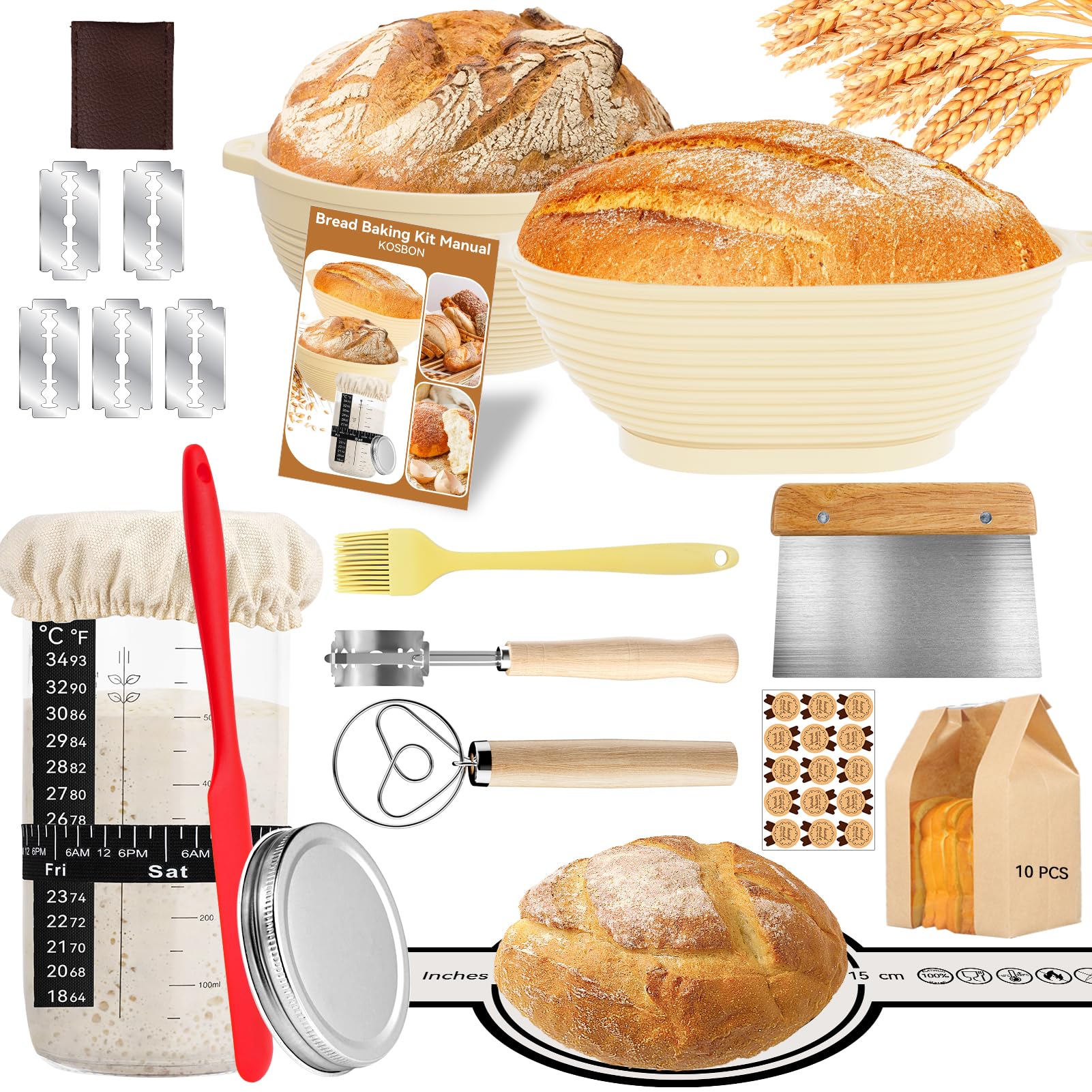 Photo 1 of 24 PCS Sourdough Starter Kit w/ 34oz Sourdough Starter Jar, Sourdough Bread Baking Supplies 9" Round & 10" Oval Silicone Banneton Bread Proofing Baskets & Baking Tools Set, Ideal Gift for Baking Gift