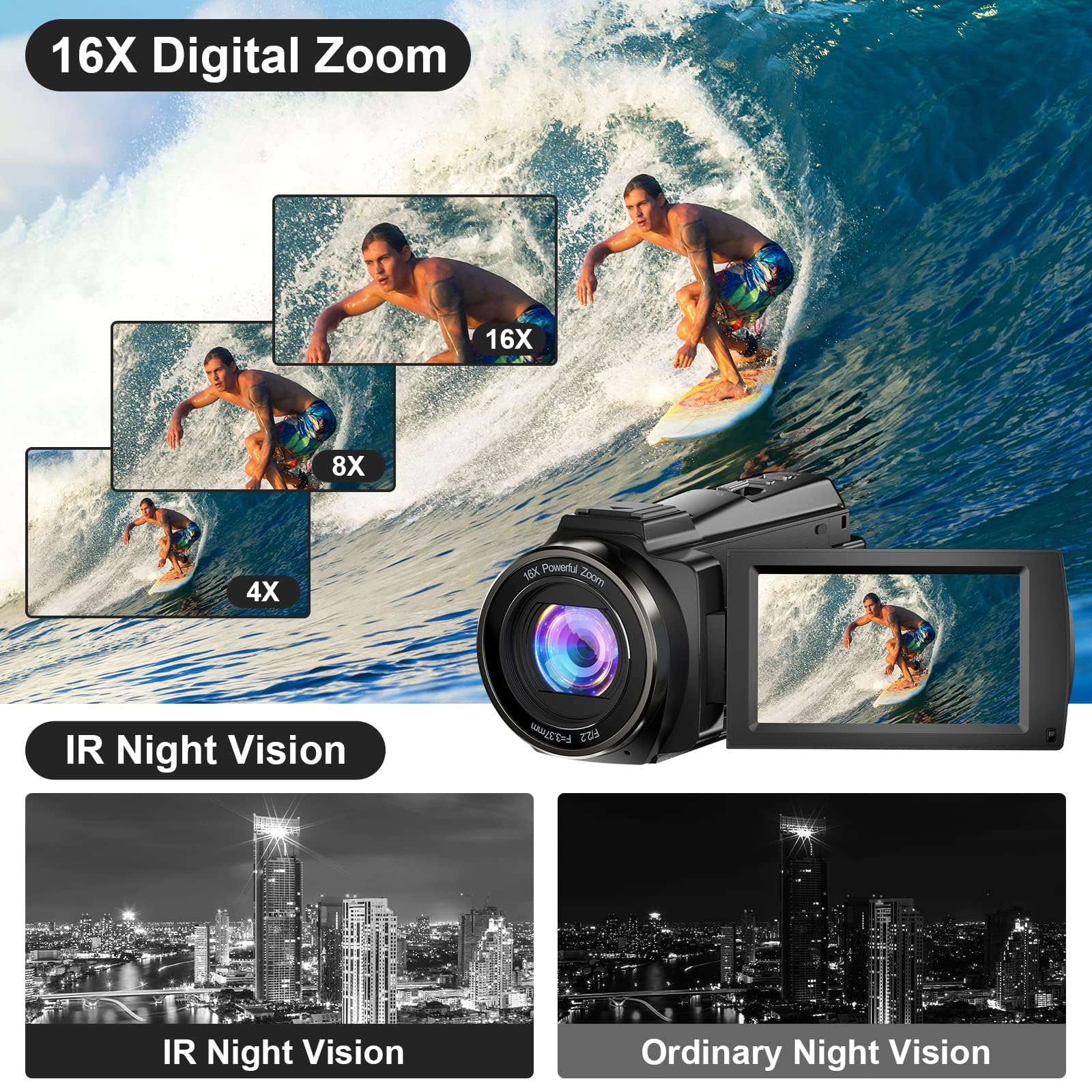 5K Video Camera Camcorder 48MP Wifi IR Night Vision Vlogging Camera,16X Digital Zoom Touchscreen Camera, 6Axis Anti-Shake with External Microphone, Lens Hood, Stabiliser, Remote Control &2 Batteries