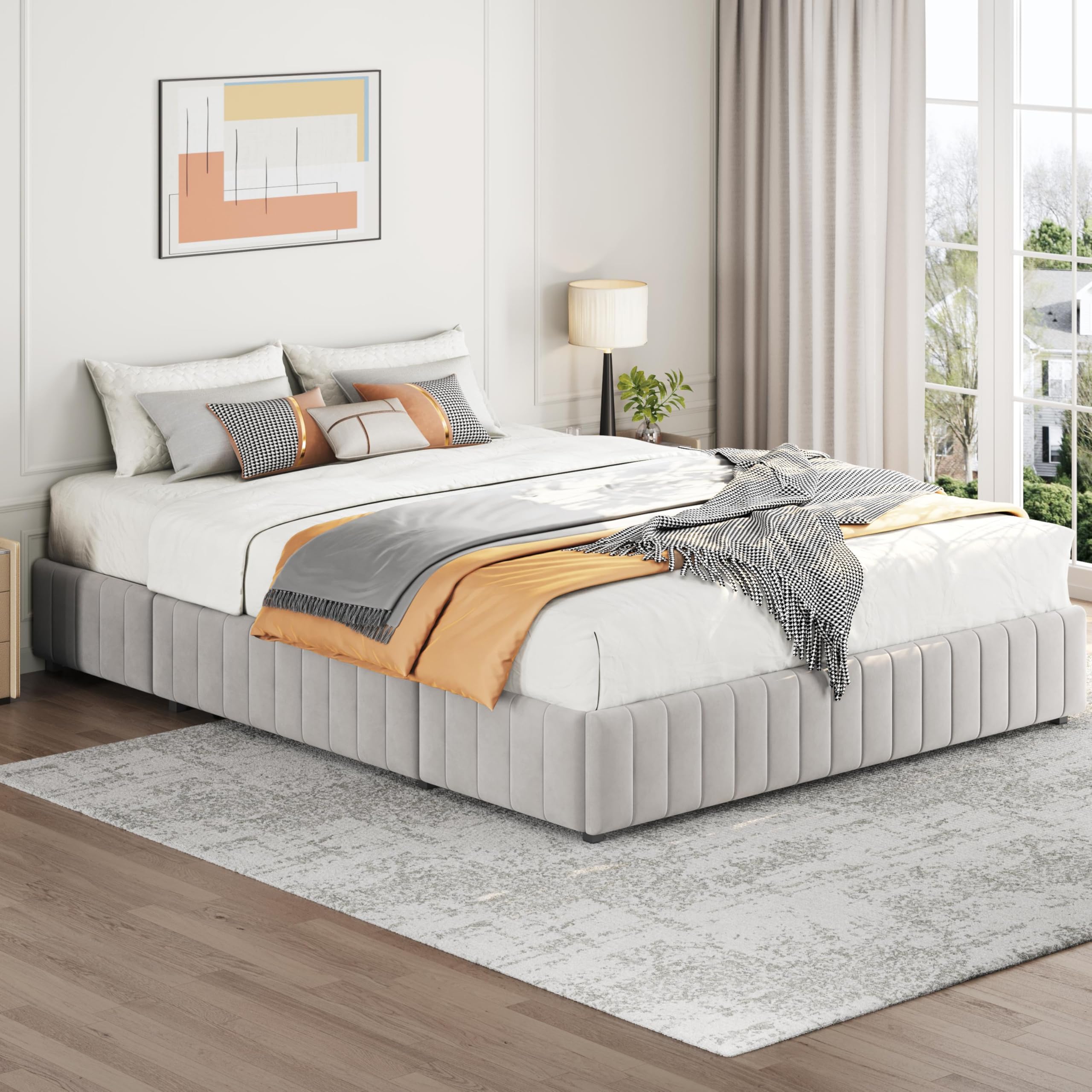 Photo 1 of **MISSING PARTS**Yaheetech Queen Bed Frame Upholstered Platform Bed with 3 Storage Drawers, Large Storage Space/Strong Wooden Slats/Non-Slip and Noise-Free/No Fixed Headboard/No Box Spring Needed/Beige Queen Bed