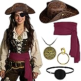 Ueyben Pirate Hat Costume, Pirate Costume Accessories with Pirates Hat Sash Eye Patch Necklace Earring for Men Women Halloween Renaissance Cosplay