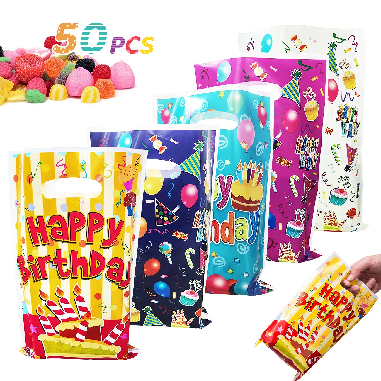 Happy Birthday Party Bags, 50 Pcs Birthday Gift Bag for Kids Boys and Girls Birthday Baby Shower Party Supplies, Plastic Small Gift Bags for Favor Goodie Sweets Treat Candy Present Cookies (5 Colors)