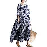 ENGLUCK Women Plus Size Dresses Summer Vintage Print O Neck Oversized Boho Vacation Casual Robe with Side Pockets
