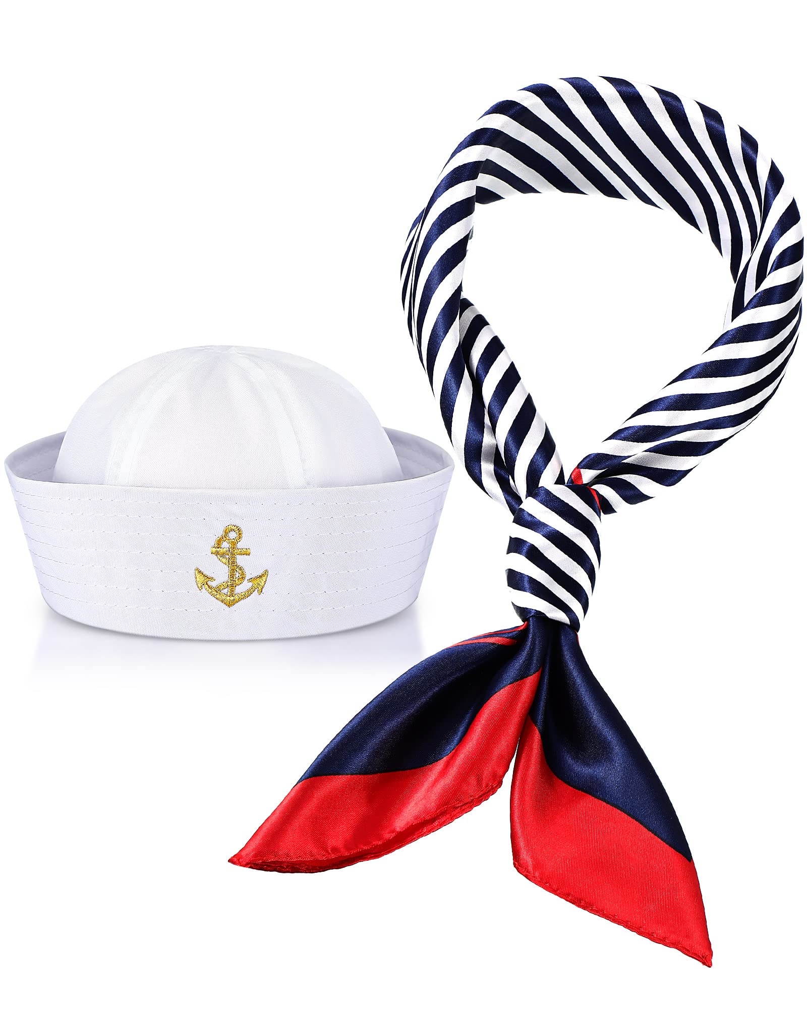 Geyoga Sailor Hat and Scarf Set for Halloween Women Men Outfit with White Sailor Cap Captain Hat Scarf for Costume Accessory(Vintage Style)