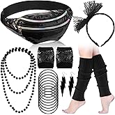 Handepo 19 Pcs 80s Costume Accessories Holographic Fanny Pack Leg Warmers Lace Headband Earrings Gloves Necklace Bracelet