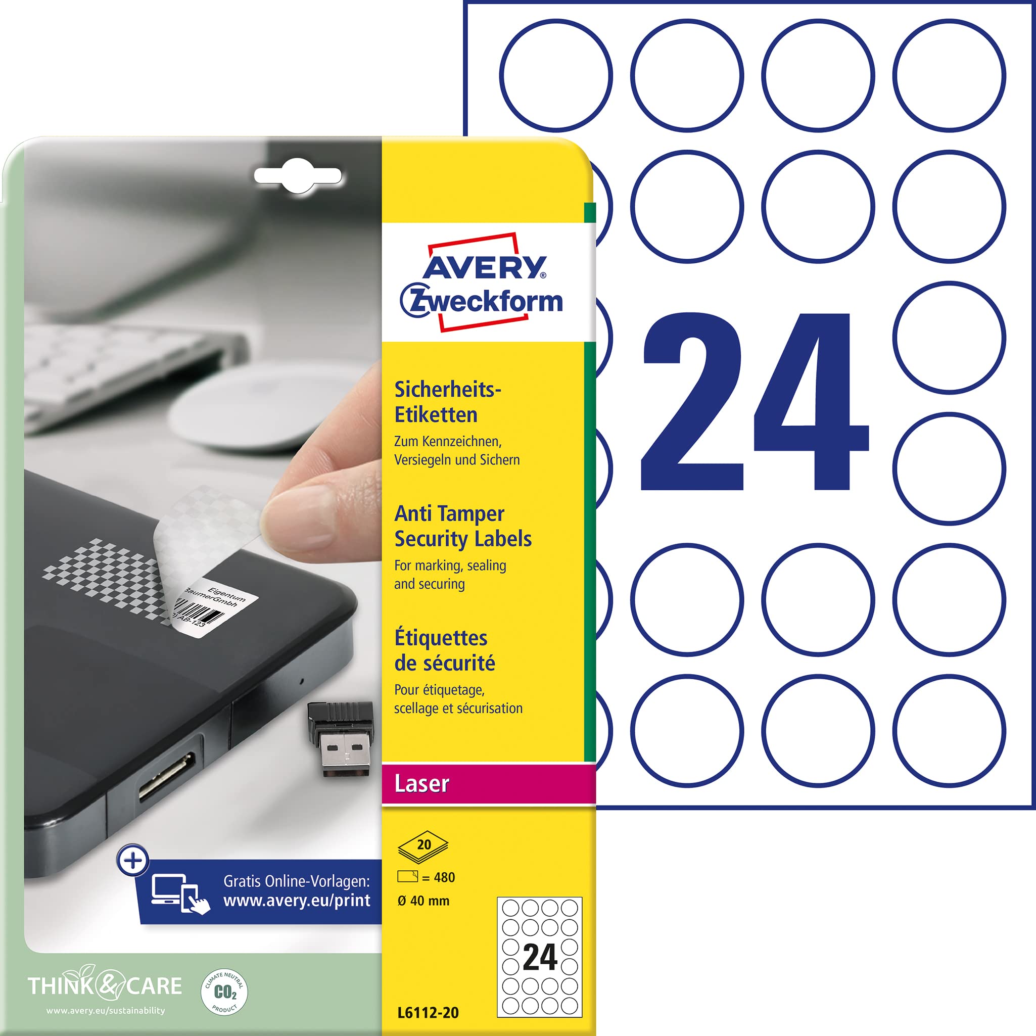 Avery Zweckform L6112-20 Anti-Tamper Security Labels 20 Sheets / 480 Labels/Diameter 40 mm White