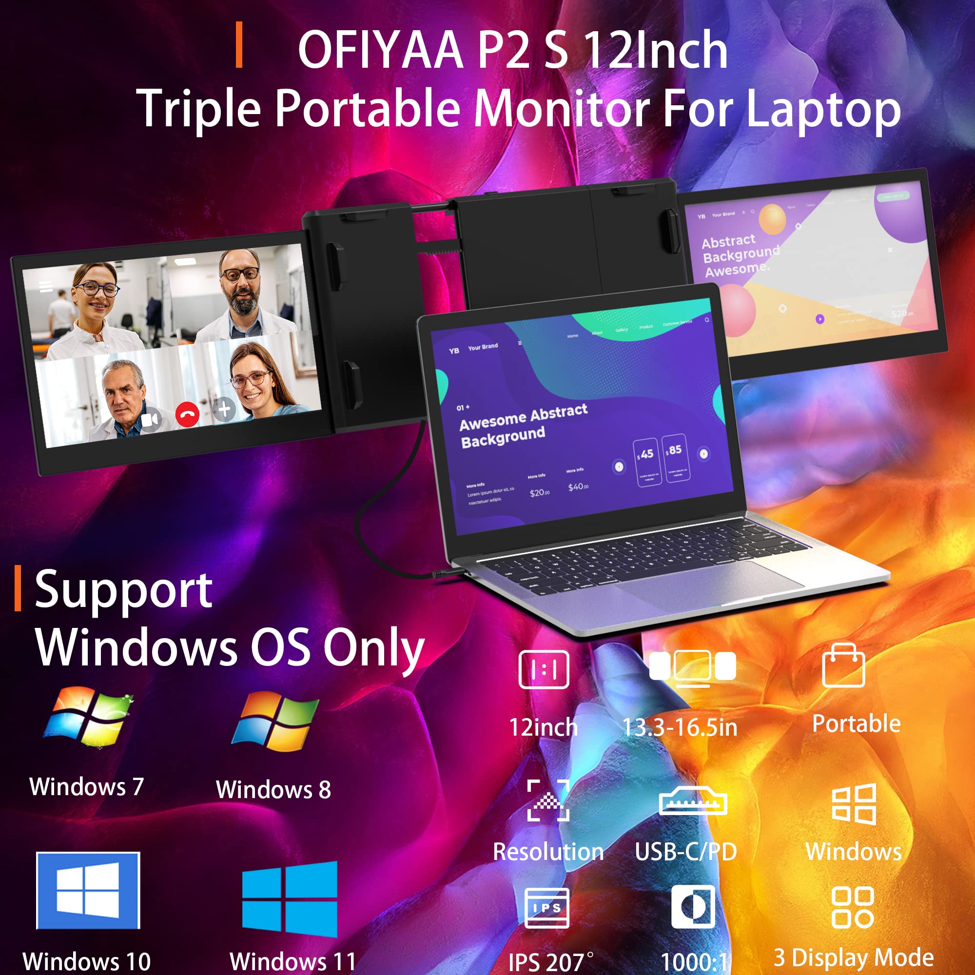 Portable Monitor Connection Mua Triple Portable Monitor for Laptop, Laptop Monitor Extender FHD ...