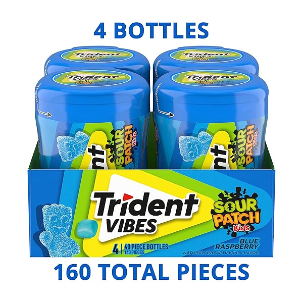 TRIDENT VIBES SOUR PATCH KIDS BLUE RASPBERRY SUGAR-FREE CHEWING GUM, 4 BOTTLES OF 40 PIECES (160 TOTAL PIECES)