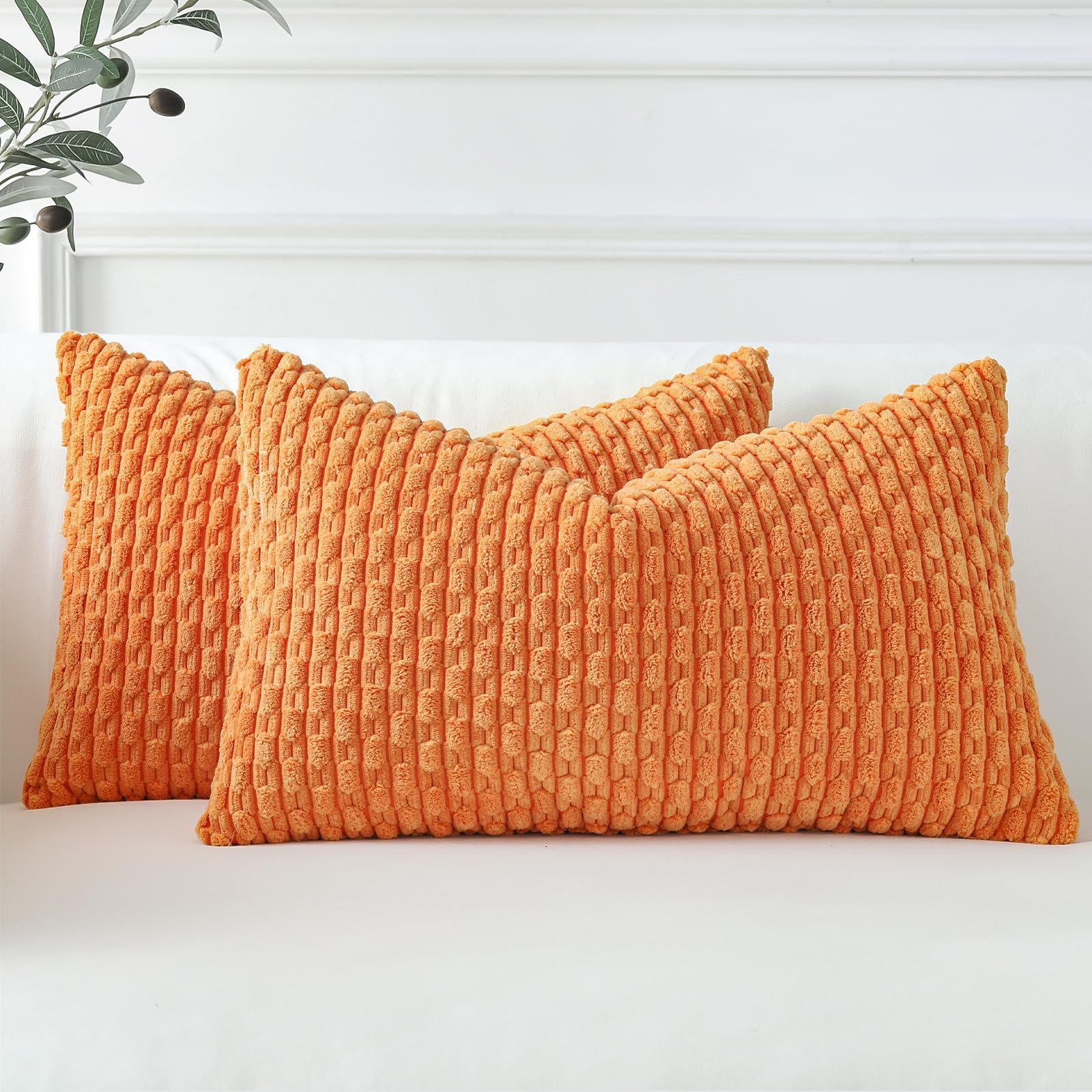 Sungeek Set of 2 Orange Soft Corduroy Decorative Cushion Covers Boho Striped Throw Pillow Covers for Sofa Couch Living Room Patio Farmhouse Home Decor Pillowcases 40x60cm
