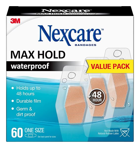 NEXCARE MAX HOLD WATERPROOF BANDAGES, STAYS ON FOR 48 HOURS, FLEXIBLE BANDAGES FOR FINGERS, KNEES AND HEELS – 60 PACK CLEAR WATERPROOF BANDAGES