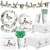 Srua Don Mallard Duck Baby Shower Decorations, Duck Hunting Baby Shower Party Supplies, Paper Plate, Napkin, Cup, Tablecloth, Banner, Cutlery, Serves 24