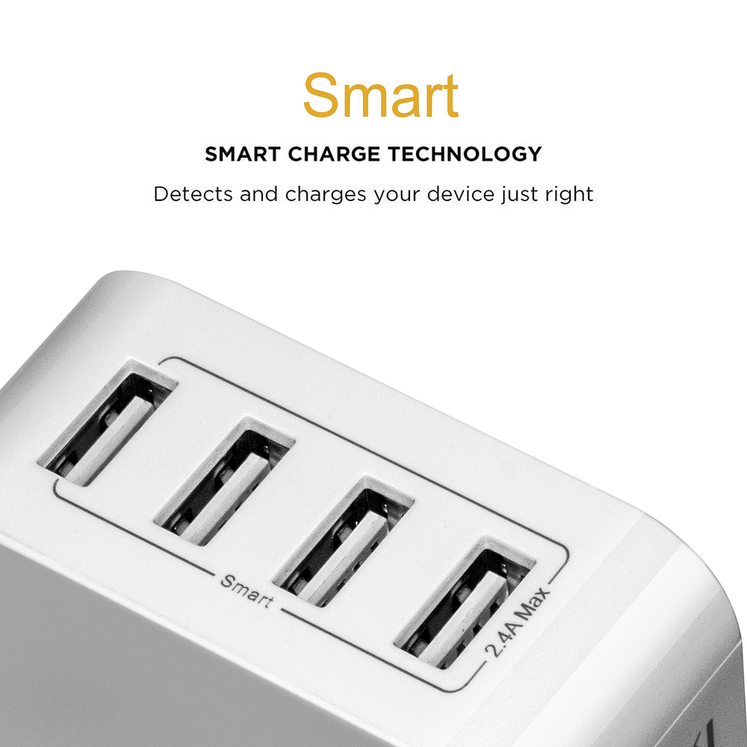 24W 4 Port USB Wall Charger with Foldable Plug for iPhone Xs/XS Max/XR/X/8/7/6/Plus, iPad Pro/Air 2, Galaxy/Note, LG, Nexus