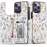 FUNMIKO for iPhone 14 Pro Wallet Case with Card Holder, RFID-Blocking, Military-Grade Drop Protection & Floral Animal Design, Magnetic Closure with Leather Kickstand - Flowers and Leaves