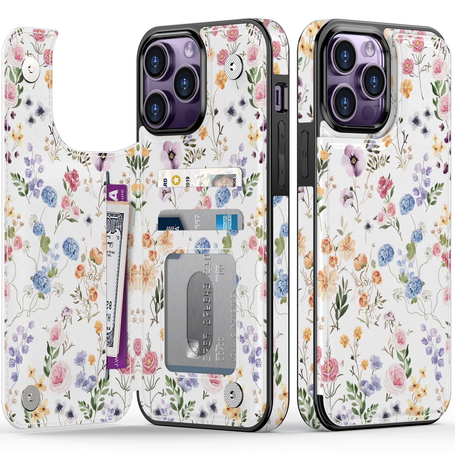 Photo 1 of FUNMIKO for iPhone 15 Pro Wallet Case with Card Holder, RFID-Blocking, Military-Grade Drop Protection & Floral Animal Design, Magnetic Closure with Leather Kickstand - Flowers and Leaves