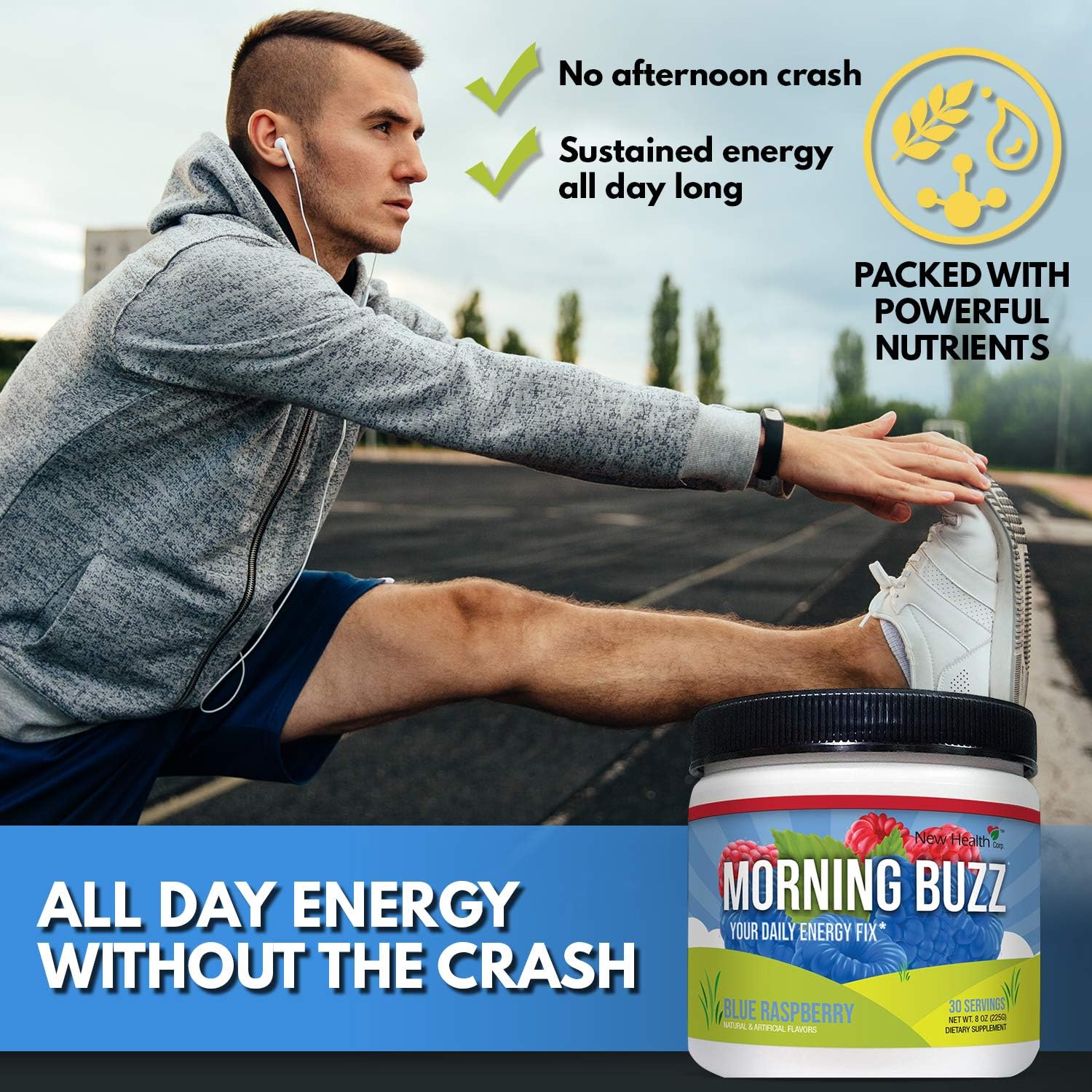 Morning Buzz Sports Energy Drink Mix by New Health, Pre Workout, Sports Nutrition Drink, Supports Lasting Energy, Endurance, Mental Clarity, and Metabolism, 8 Ounce Powder, 30 Servings(Blue Raspberry): Health & Personal Care