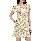Summer Dresses for Women 2025 Casual Ruffle Sleeves Mini Dress Sundresses Floral Boho Beach Dresses with Pockets