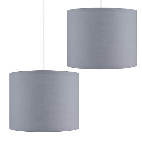 Pair Of Small Modern Grey Polycotton Ceiling Pendant Table Lamp