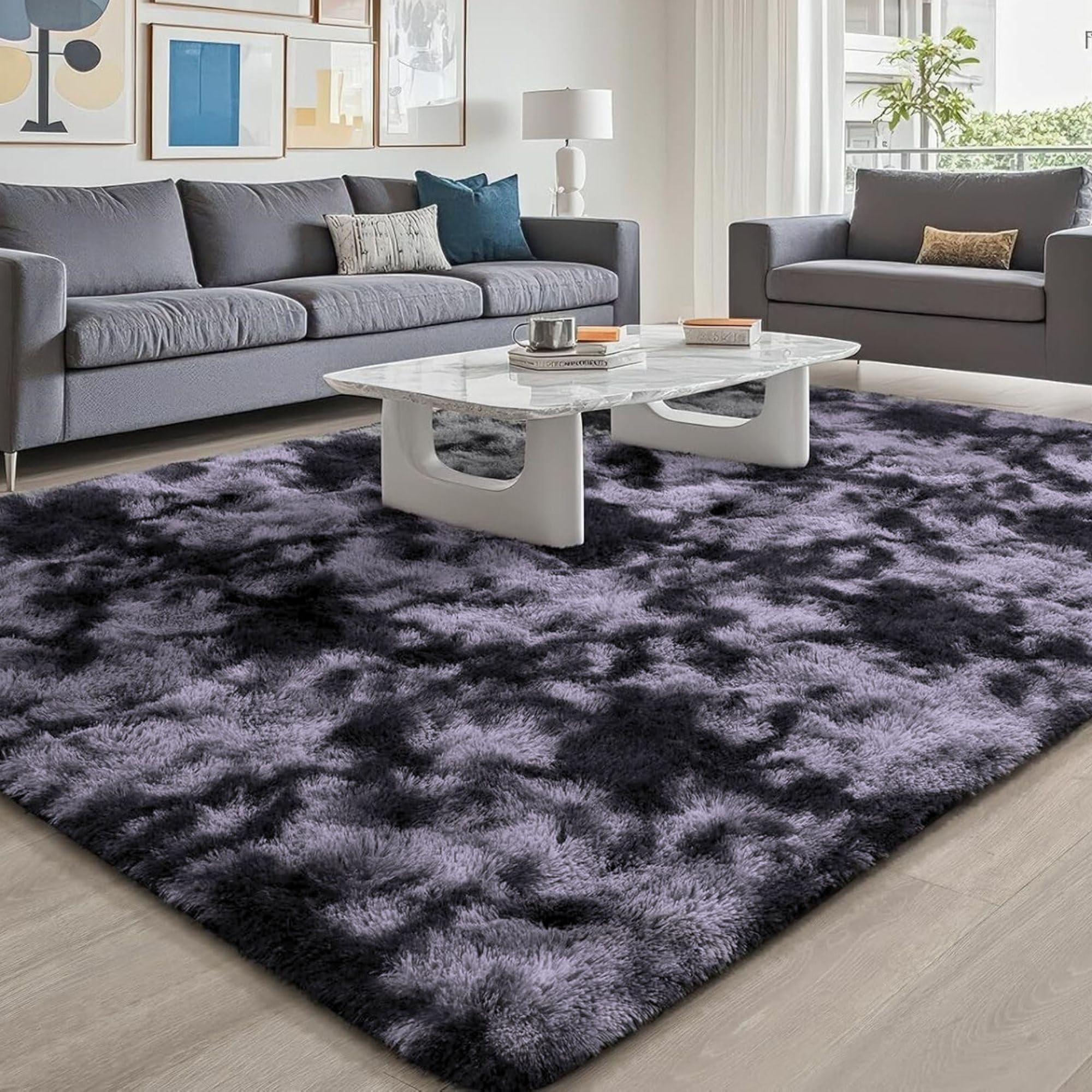 Aspire Homeware Rugs Living Room - Dark Grey Area Rugs for Bedroom Anti Slip - Modern Super Soft Thick Pile Fluffy Shaggy Rug Non Shedding (Tye-Dye Grey, 80x150 cm)