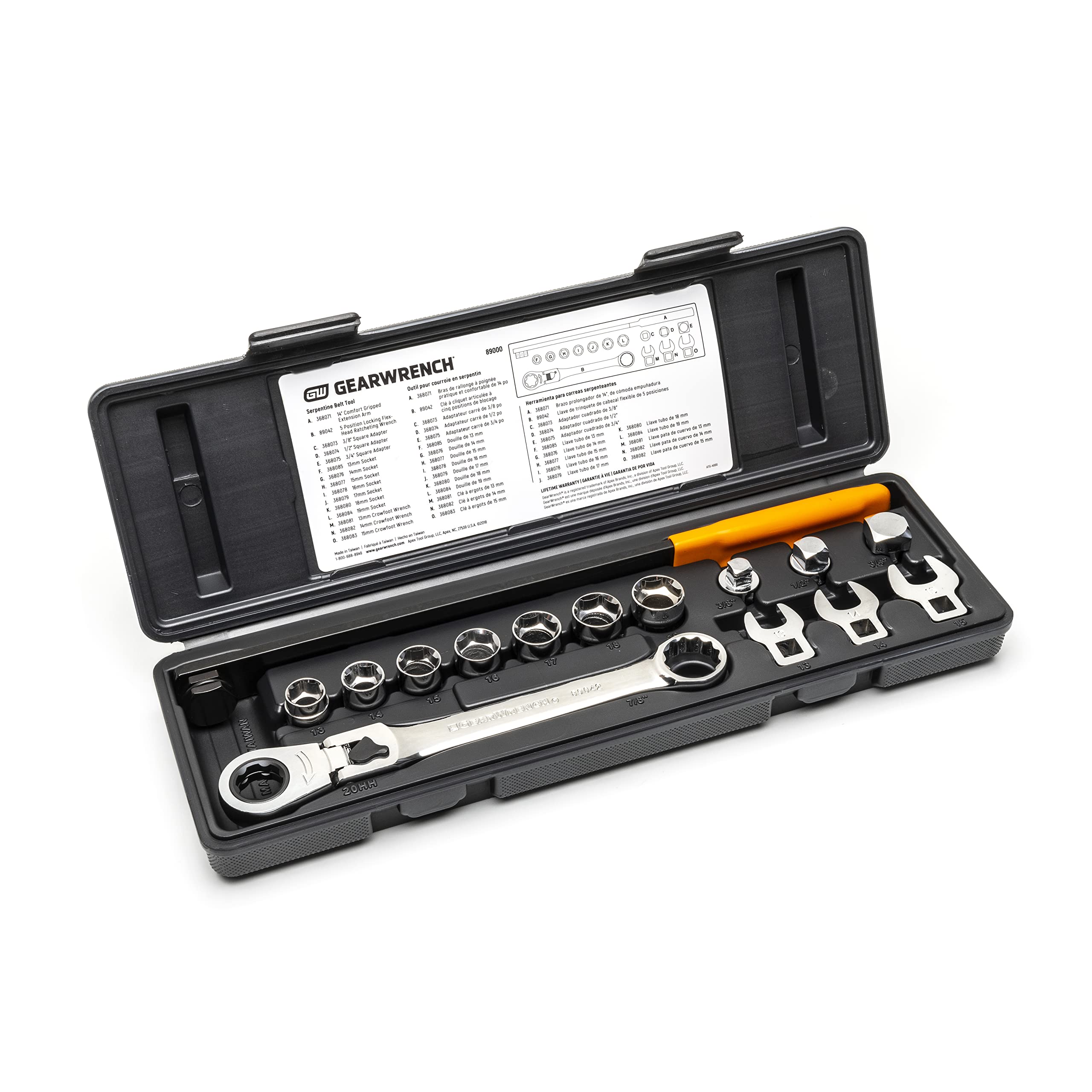 GEARWRENCH 15 Pc. Serpentine Belt Tool Set with Locking Flex Head Ratcheting Wrench - 89000 , Black