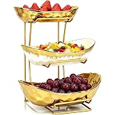 Hebaogugu Fruit Bowl for Kitchen Counter, 3 Tier Gold Trim Ceramic Fruit Stand Basket for Countertop, Fruiti and Vegetable Rack with Thickened Metal Holder, Vegetable Dessert Nuts Storage (Gold)