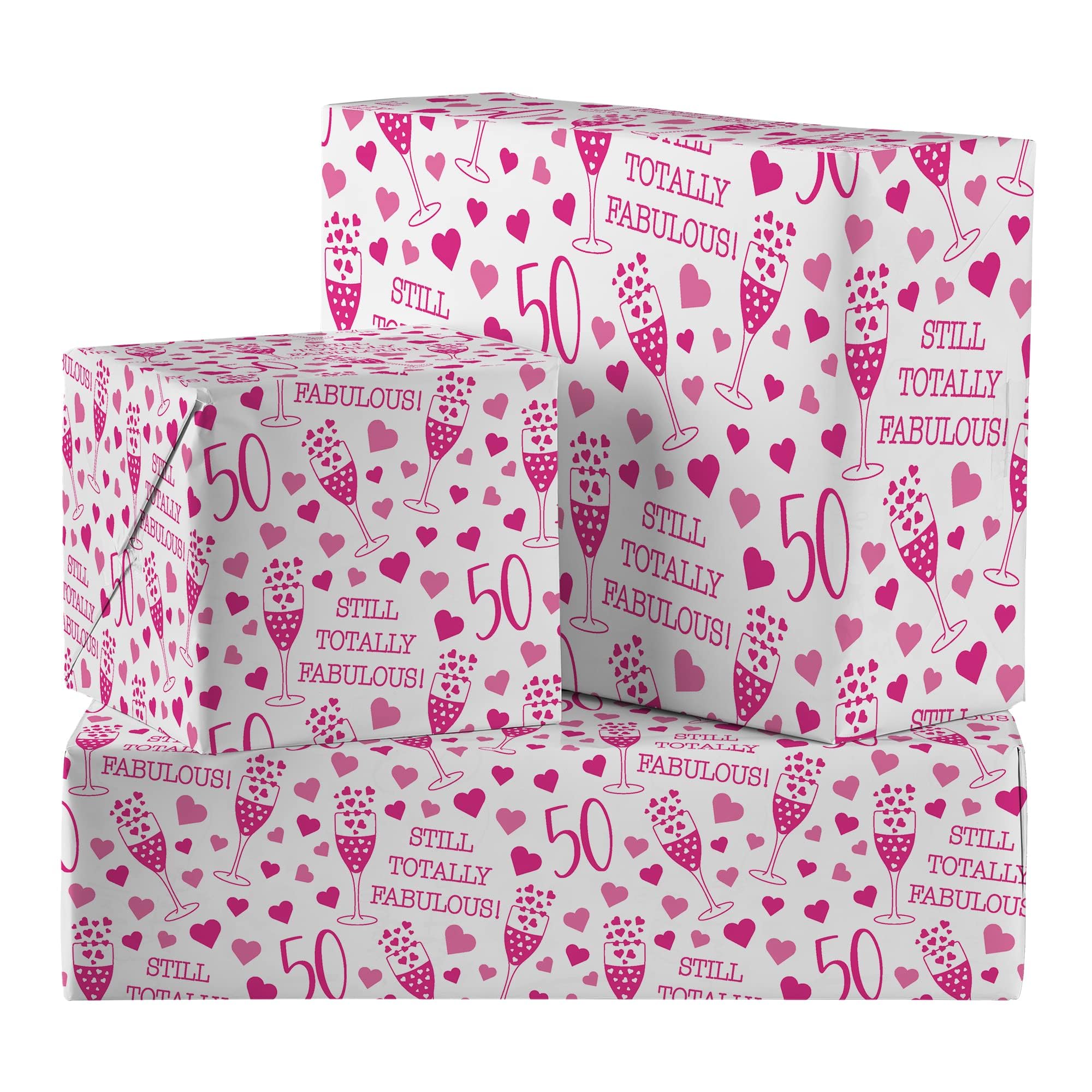 Hunts England - 2 Sheets Of 50th Birthday Female Luxury Wrapping Paper - Includes 2 Gift Tags - Age 50 Folded Gift Wrap For Her - Still Totally Fabulous Collection - Colourful Age Fifty Gift Wrap