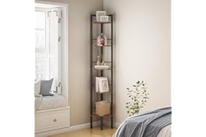 Tajsoon Narrow Corner Shelf Stand 5 Tier 66.5" Industrial Corner Ladder Shelves with Metal Frame, Multipurpose Tall Corner Bookshelf Bedroom, Living Room, Office, Kitchen, Rustic Brown