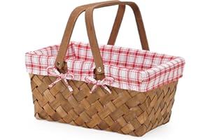 G GOOD GAIN Woodchip Picnic Basket with Double Folding Handles, Hand Woven Easter Eggs and Candy Basket, Bath and Kids Toy Wicker Storage Basket, Gift Packing Woven Basket. Flower Girl Baskets for Valentine Day