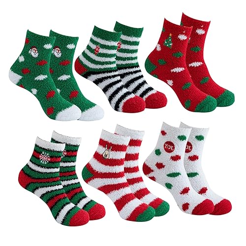 volumoon Christmas Socks, 6 Pairs Winter Ladies Non Slip Soft Cozy Fluffy Socks, Colorful Winter Snowflake Socks Warm for Women, Cartoon Pattern Fleece Bed Socks Cute for Girls, Kids, Ladies