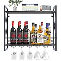 Dokser Wine Rack Wall Mounted 2 Tier Shelf, Wall Wine Rack with Rustic Wood & Industrial Iron Frame, Wine Bottle Holder for K