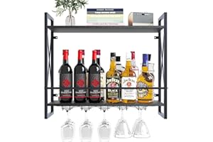 Dokser Wine Rack Wall Mounted 2 Tier Shelf, Wall Wine Rack with Rustic Wood & Industrial Iron Frame, Wine Bottle Holder for K