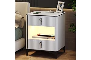HWB Smart Nightstand Bedside Table with Charging Station: RGB Night Stand with Human Sensor LED Lights End Tables with 2 Drawers for Bedroom/Living Room/Office, White