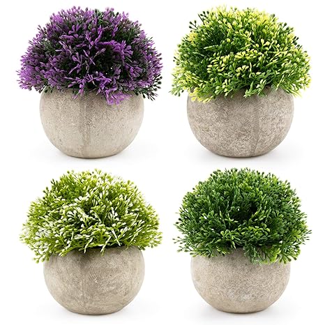 Tebery 4er-Set Künstliche Grün Gras Bonsai Kunstpflanze mit grauen Topf, für Hochzeit/Büro/Zuhause Dekoration