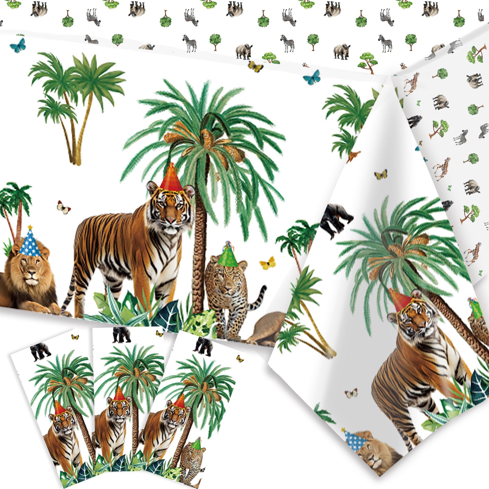 Photo 1 of Jungle Safari Tablecloths, 3Pcs Wild Animal Birthday Table Covers, Safari Baby Shower Table Cloths Safari Animals Party Decorations Safari Zoo Theme Birthday Party Supplies for Boys Kids