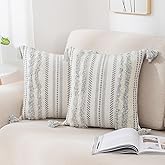 decorUhome Decorative Boho Throw Pillow Covers 18x18 Set of 2, Accent Neutral Textured Tufted Pillow Covers Striped for Couch Bed Sofa Living Room, Grey and Cream White