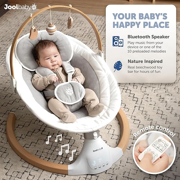JOOL BABY NOVA NATURE BABY SWING FOR NEWBORNS WITH NATURAL WOOD TOYS, ELECTRIC MOTORIZED INFANT SWING, BLUETOOTH MUSIC, REMOTE (GRAY)