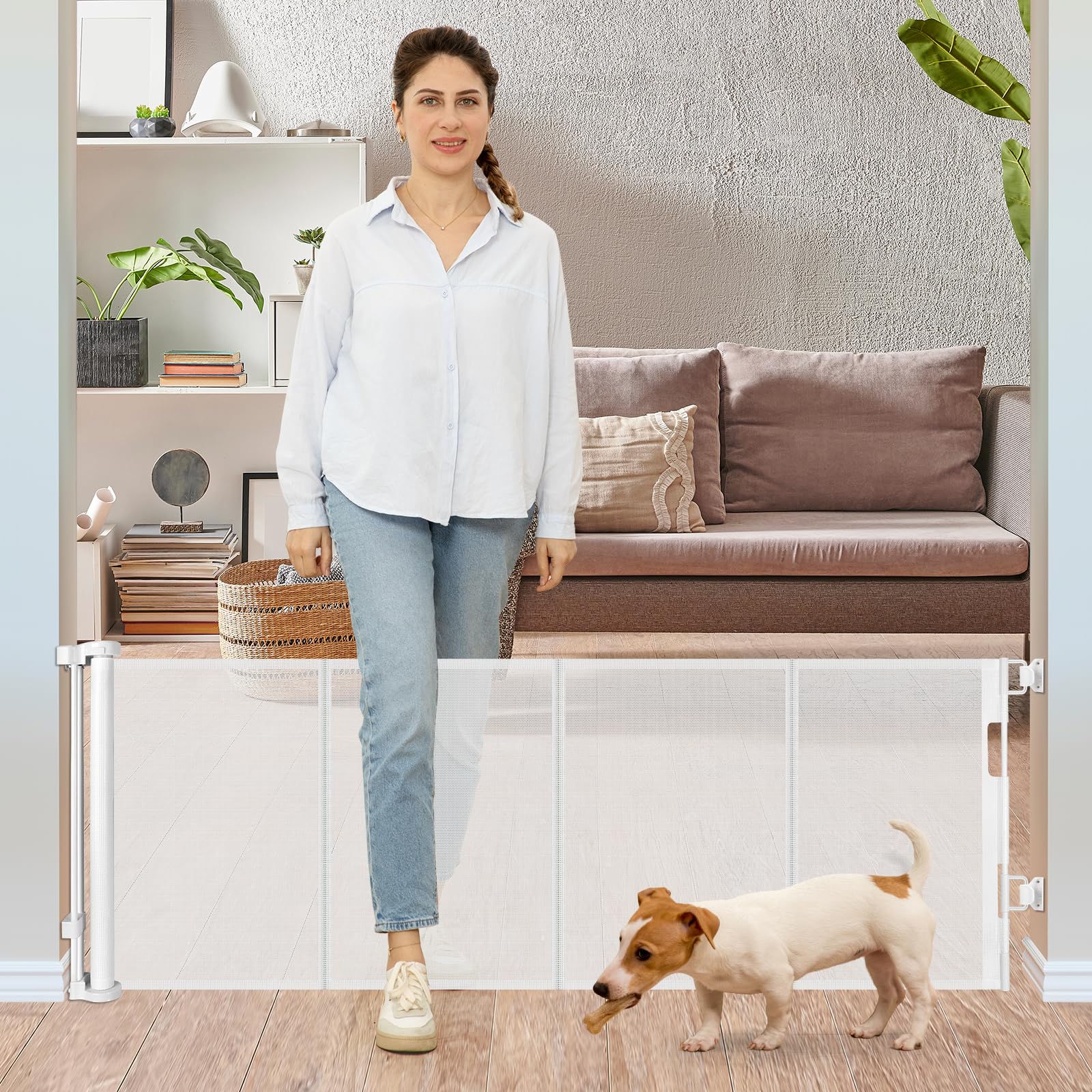 Photo 1 of 24 Inches Tall Retractable Dog Gate for The House, Short Baby Gates to Step Over, Extends up to 55" Wide, Reinforced Mesh Puppy Gate for Doorways, Step Over Pet Gate for Stairs, Indoor/Outdoor (White)