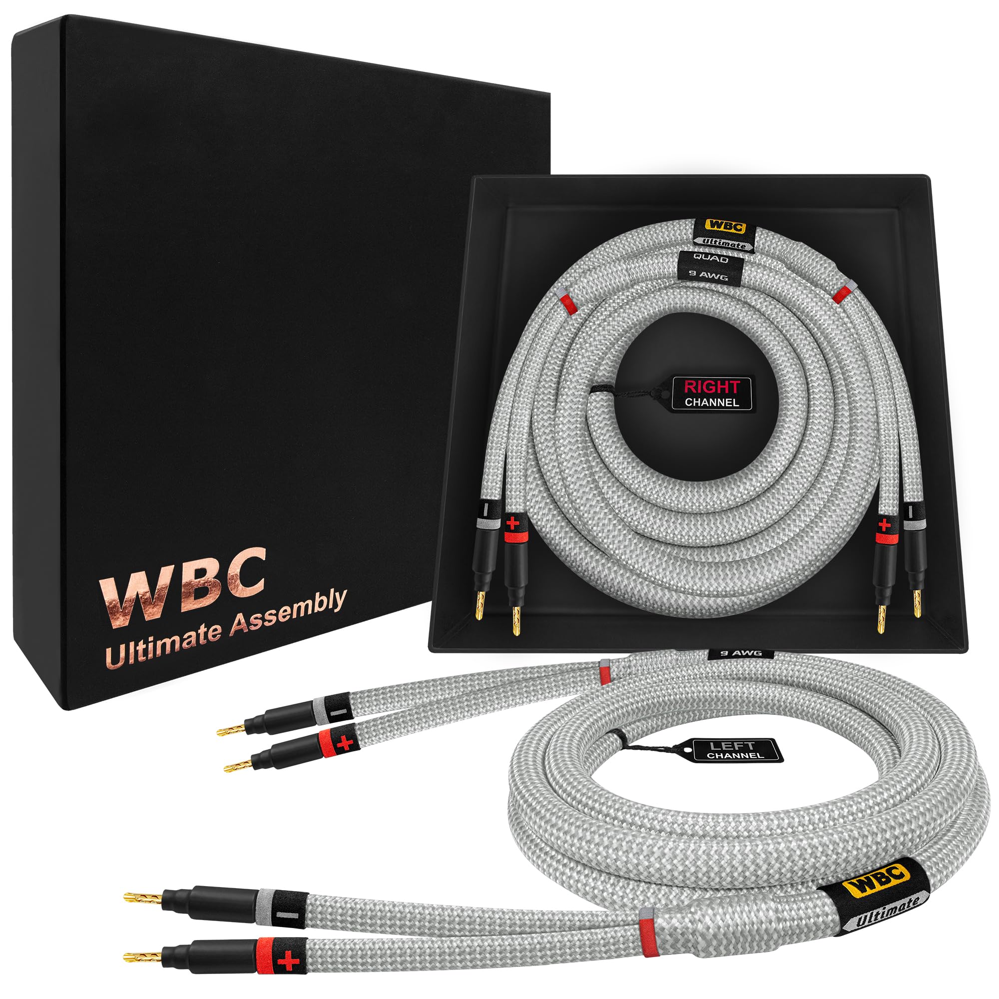 WORLDS BEST CABLES 3.5 Meter ULTIMATE - 9 AWG - Ultra-Pure OFC - Premium Audiophile HiFi Speaker Cable Pair with Eminence Gold Banana Plugs & Silver Tweed Jacket