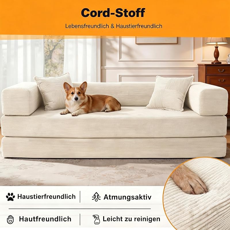 200cm Modulares Sofa, aus Hochwertiges Cord mit Hochdichter Schaumstoff, 5-in-1 Umwandelbares Vielseitig 3-Sitzer Schlafsofa für das Wohnung, Weiß
