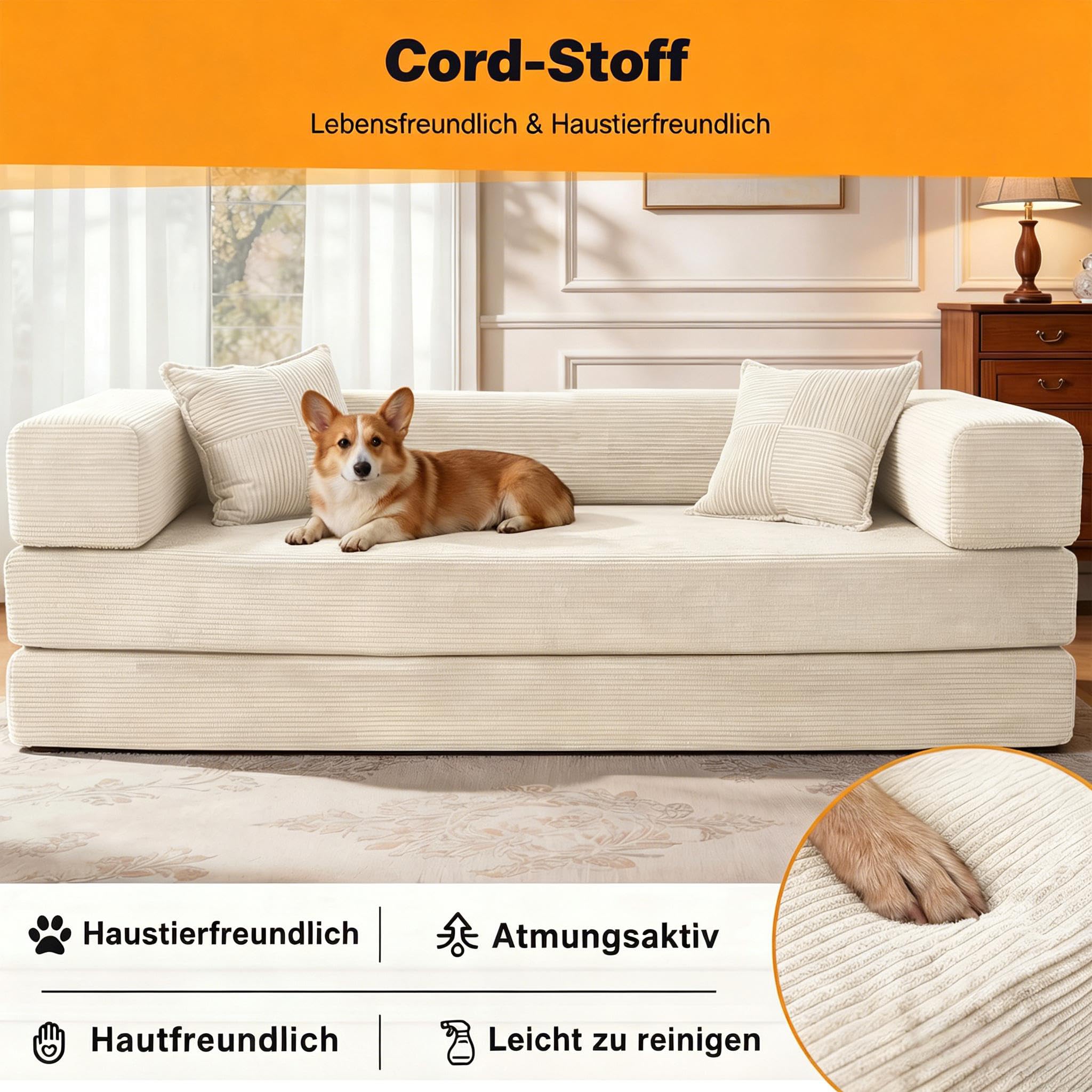 200cm Modulares Sofa, aus Hochwertiges Cord mit Hochdichter Schaumstoff, 5-in-1 Umwandelbares Vielseitig 3-Sitzer Schlafsofa für das Wohnung, Weiß