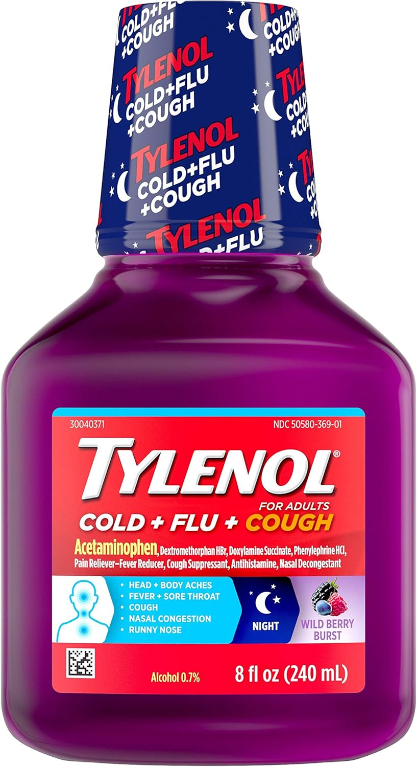 Tylenol Paracetamol Cold + Flu + Cough Night Liquid Medicine with Acetaminophen, Wild Berry, 8 fl. oz: Health & Personal Care