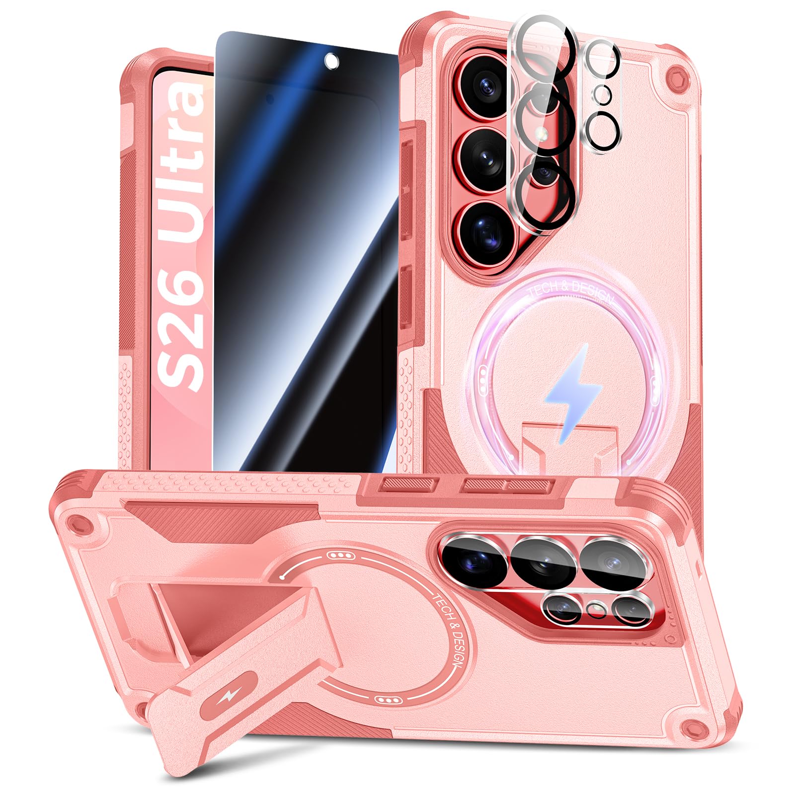 Goton for Samsung Galaxy S26 Ultra Case with Privacy Tempered Glass Screen Protector & Camera Lens Protector, Compatible with MagSafe, Invisible Kickstand, Shockproof Phone Cover, Pink