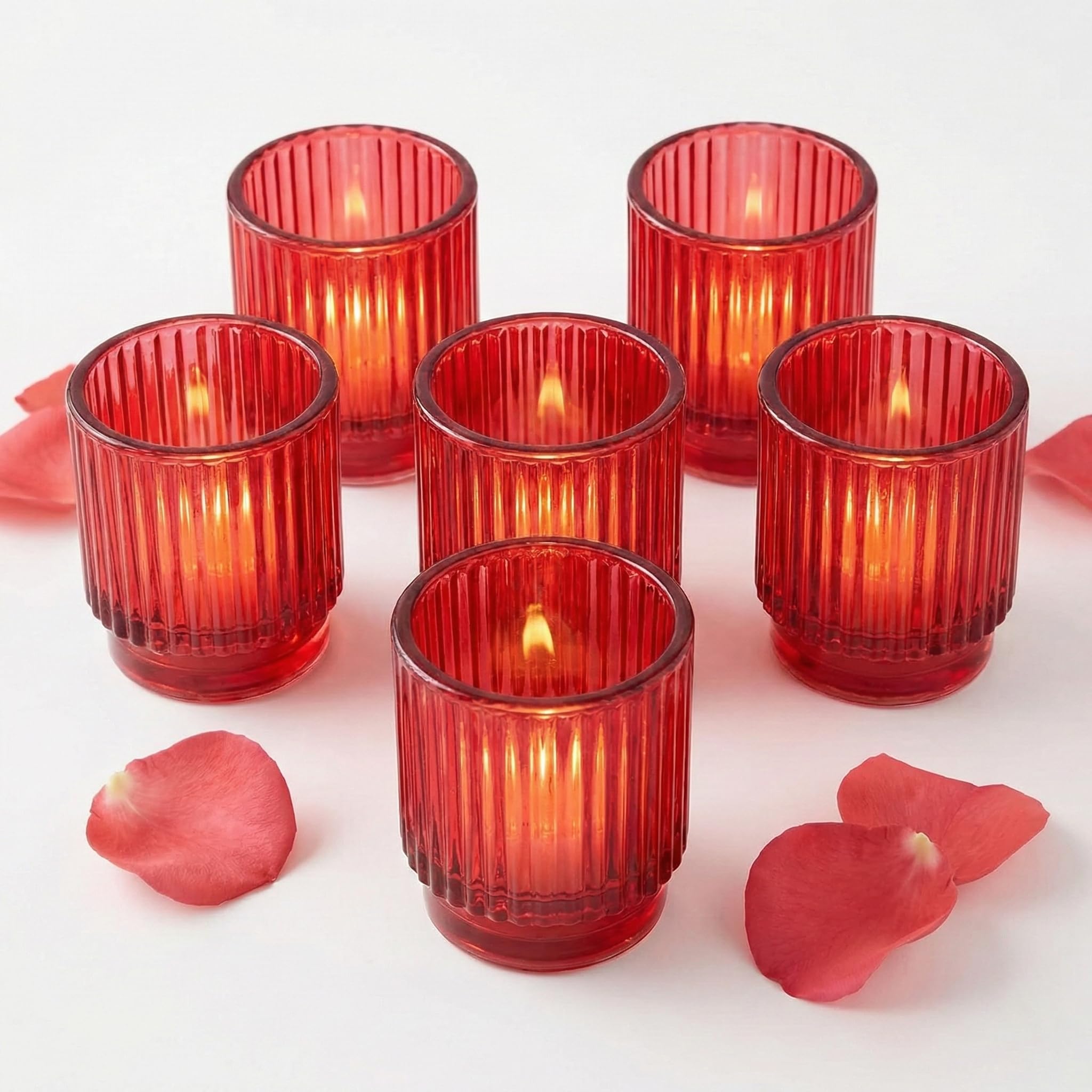 Kate Aspen Vintage Ribbed Red Glass Tealight & Votive Candle Holders (Set of 6), Fall Decor, Boho Decor, Shelf Decoration (27206RD)