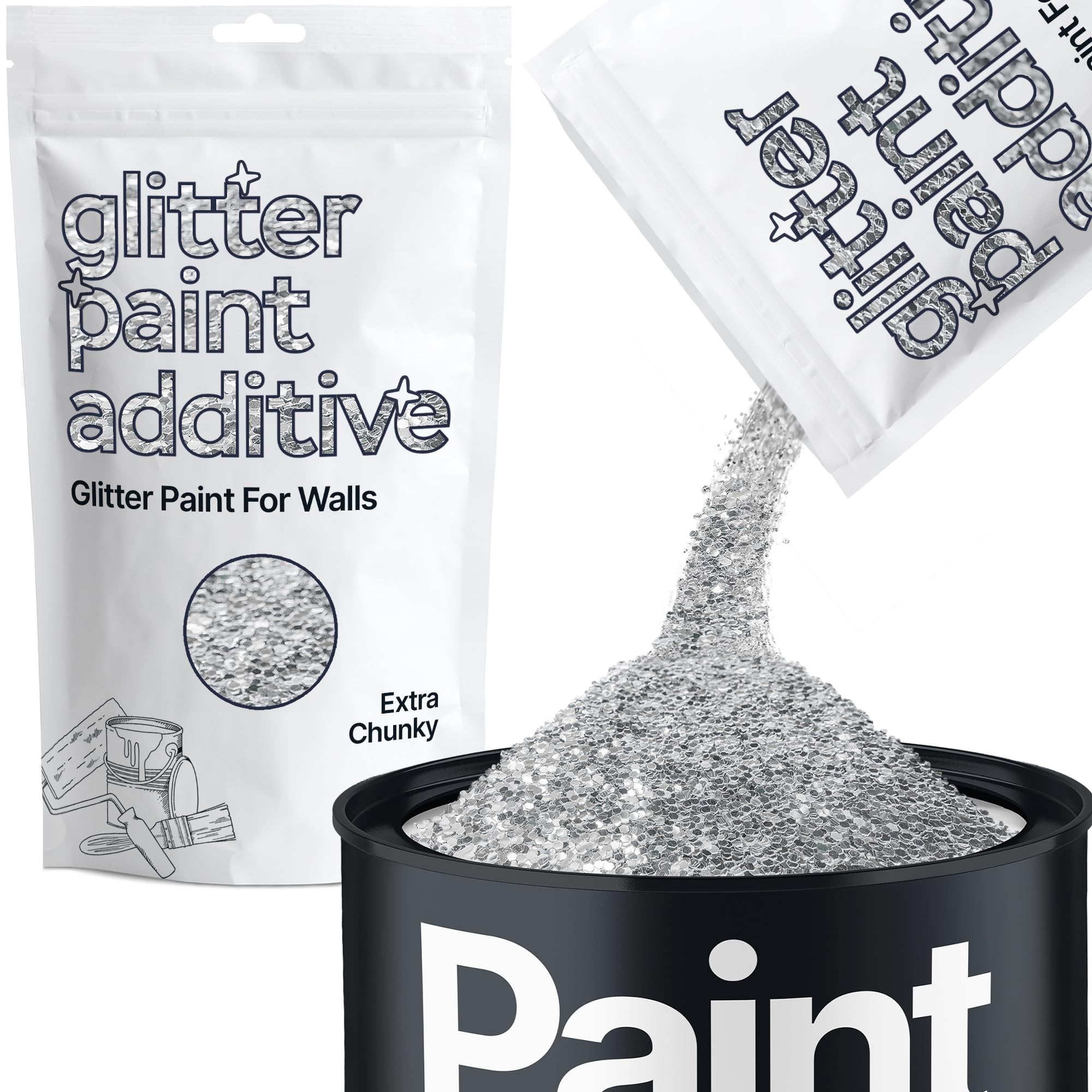 Hemway Silver Glitter Paint Additive Extra Chunky 100g for Adding Sparkle to Paints & Varnish | Paint Walls Sparkly Add to Emulsion, Acrylic or Lacquer Indoor