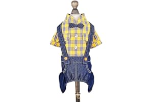 SMALLLEE_LUCKY_STORE Pet Clothes Costume Puppy Denim Overalls for Small Medium Dogs Cats Boys Bowtie Plaid Shirt Jeans Pants Outfits Chihuahua One Piece Jumpsuit,Yellow XL