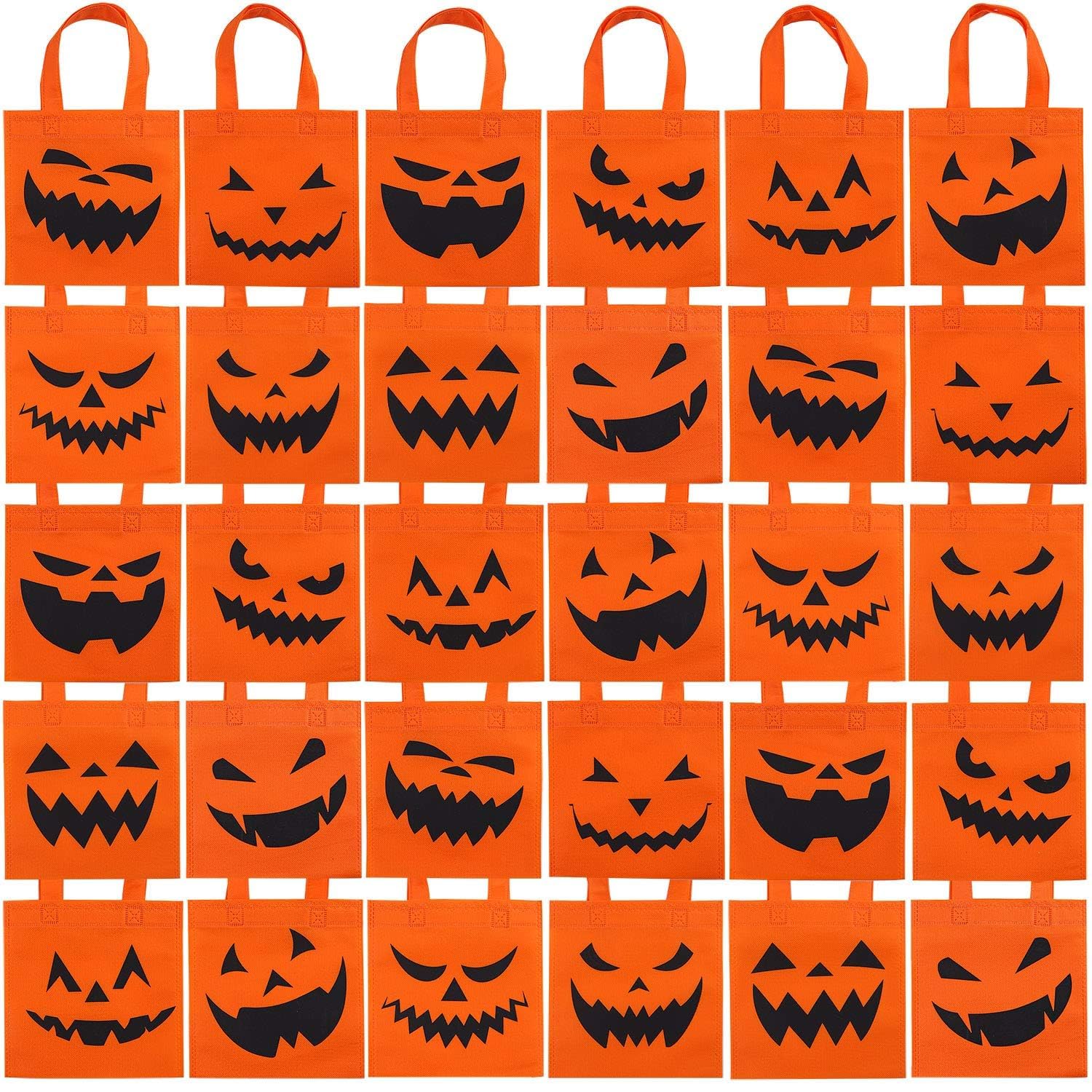 ELCOHO 30 Packs Halloween Non-woven Bags Pumpkin Bags Trick or Treat Bags Party Goody Tote Gift Bag with Handles Party Favors, 8 by 8 Inches, 10 Styles