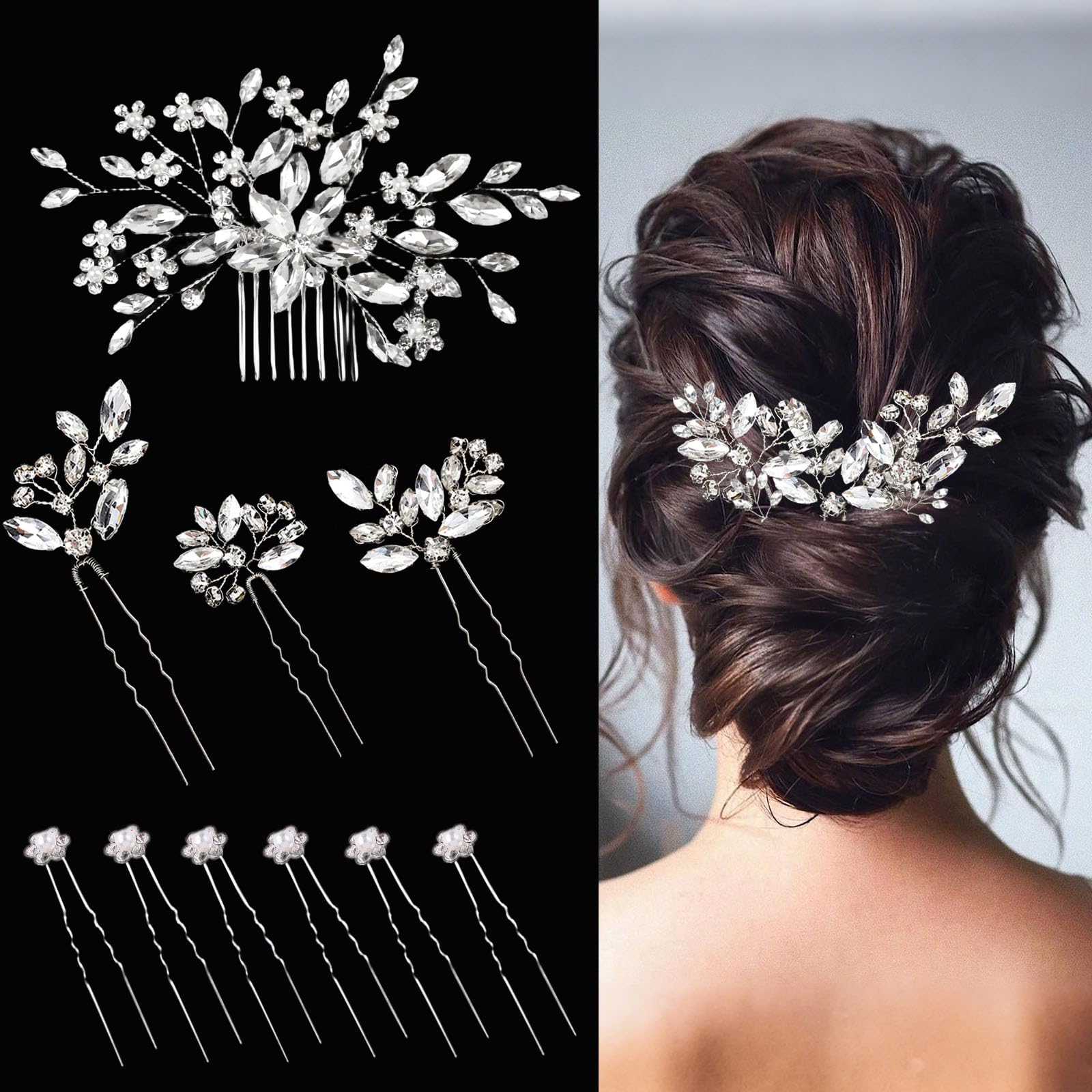 Photo 1 of 10 pcs Bride Hair Pins Rhinestone Bridal Hair Piece for Women Crystal Hair Accessories for Bride Bridesmaids Flower Girls(Silver)