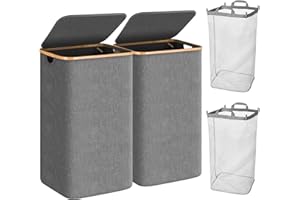 200L Laundry Hamper, HYSEYY 2-Pack Extra Large Laundry Baskets with Lid, Removable Inner Bags, Collapsible Rectangular Clothes Hamper, Laundry Organizer with Bamboo Handles for Laundry, Grey