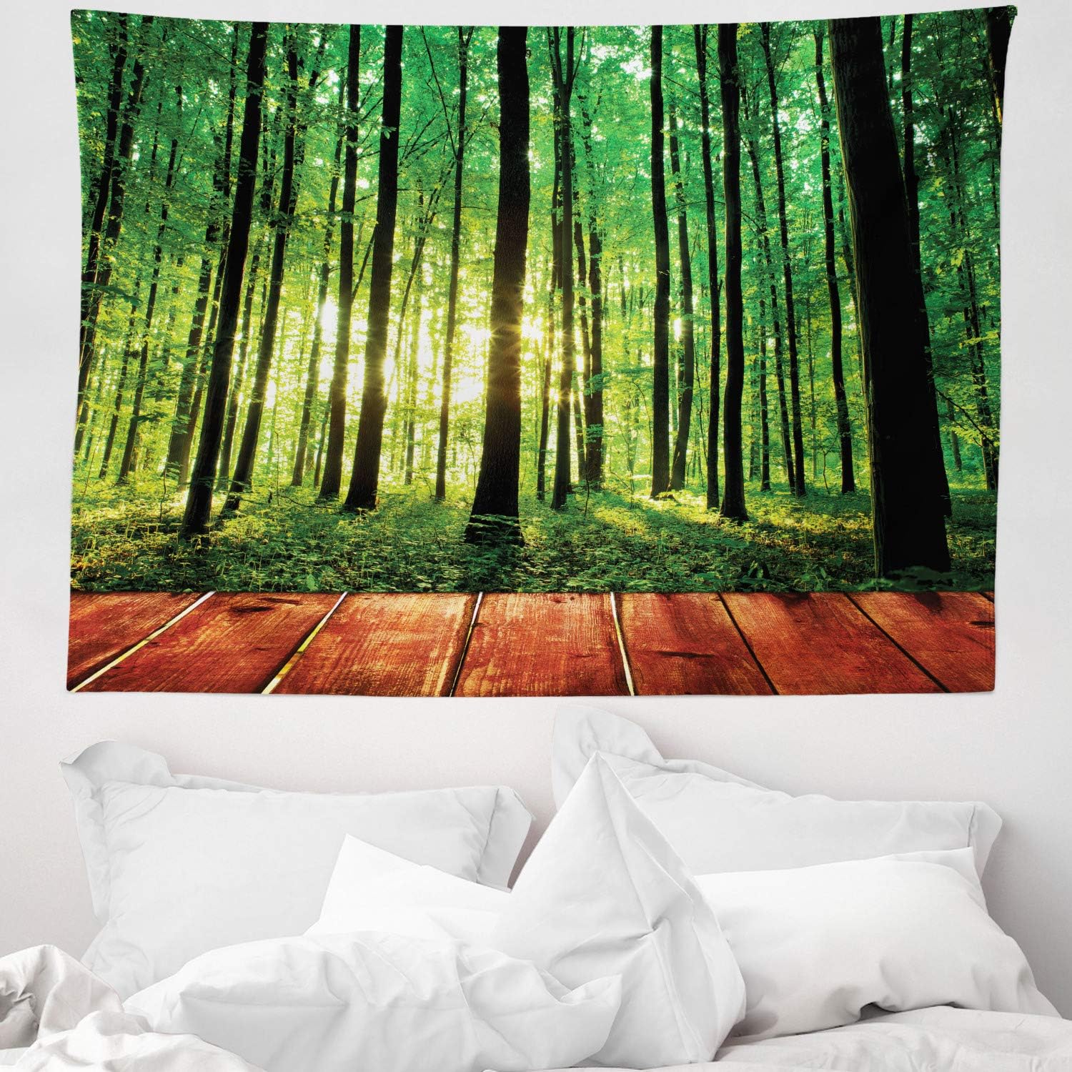 abakuhaus-wald-wandteppich-und-tagesdecke-sonnenlicht-wald-b-ume-aus