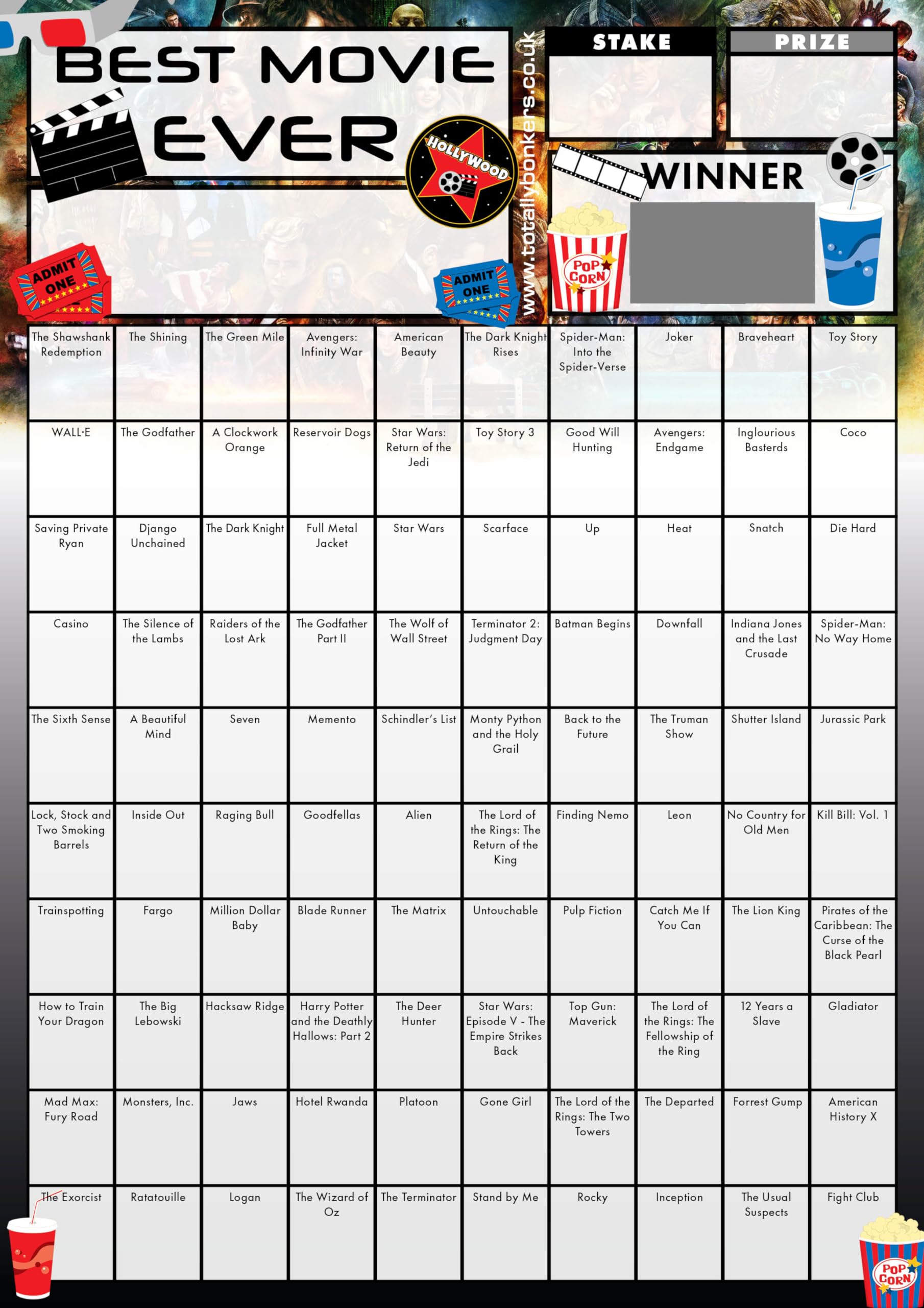 Totally Bonkers - Movie Best Ever Fundraising Scratch Cards - 100 Square - A4 (297x210mm) - 5 Pack - TB0113 - Blind Card