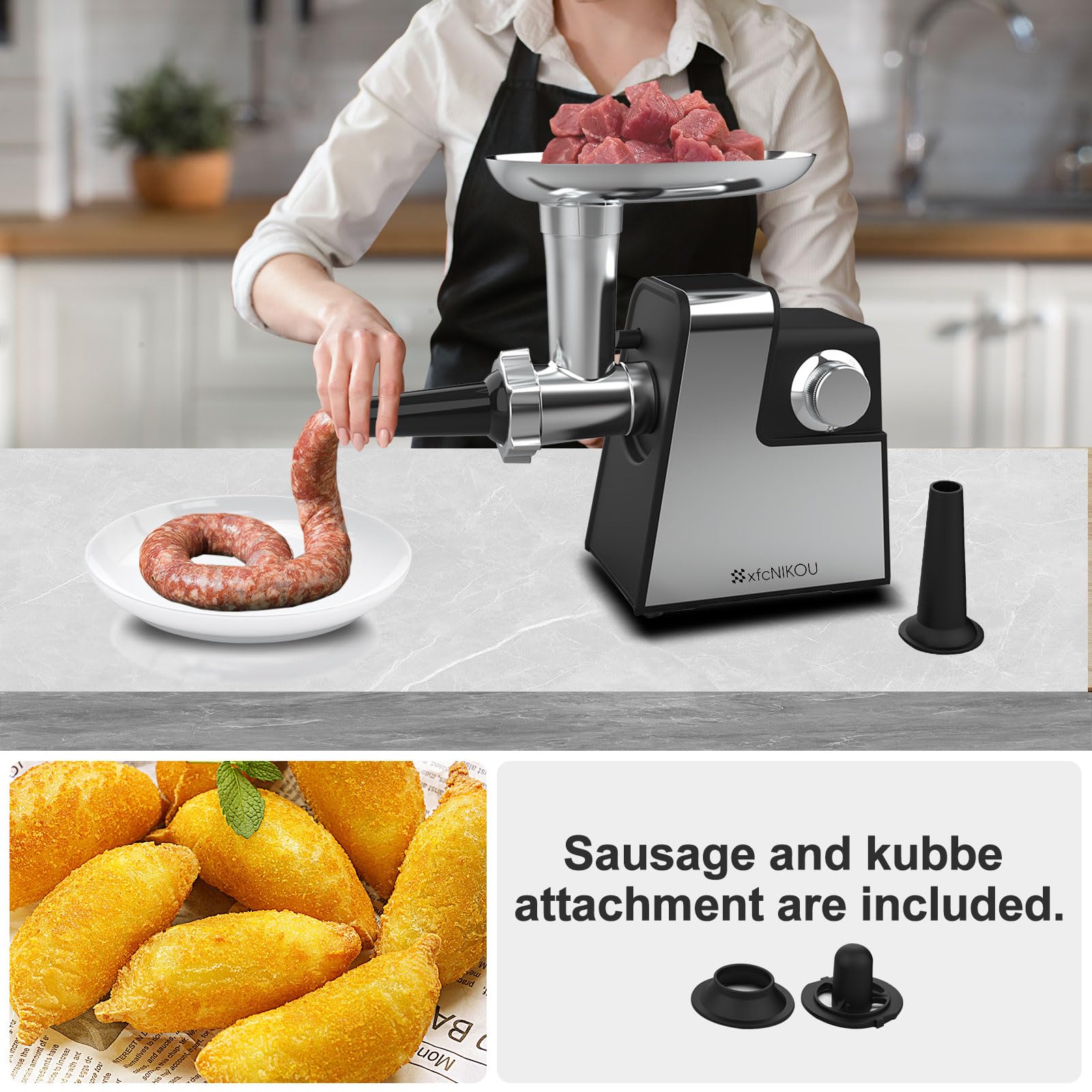 Electric Meat Grinder, 2800W Max Sausage Stuffer,Stainless Steel Meat Mincer With 2 Blades, 3 Plates, Sausage Tube And Kubbe Kit For Home Kitchen Use